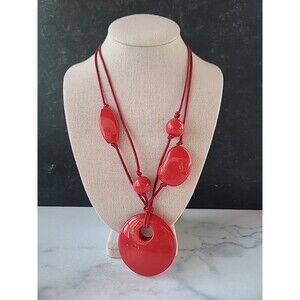 Asymmetric Red Plastic Bead Cord Necklace Vintage Costume Jewelry